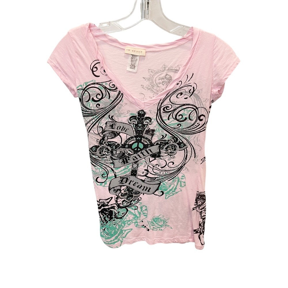 Vintag Y2K McBling Graphic Tee Pink Cross Rose Tattoo USA Made SMALL In Style - Picture 2 of 6